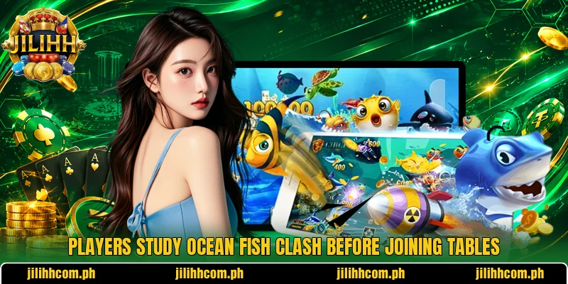 Players study Ocean Fish Clash before joining tables